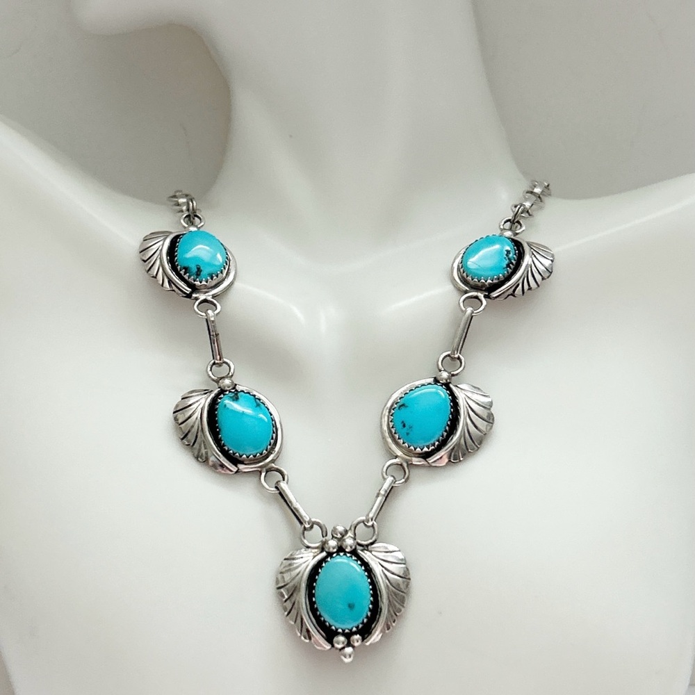 Vintage Kenneth Etsitty Navajo Turquoise Leaf Sterling Silver Necklace